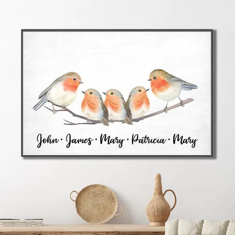Canvas wall art Family Flock of Birds Sign featuring five robins on a branch Tailored Canvases on Tampa Home & Garden Store