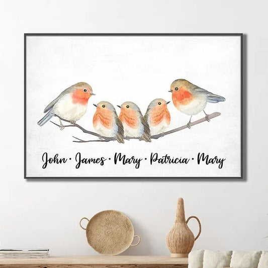 Canvas wall art Family Flock of Birds Sign featuring five robins on a branch Tailored Canvases on Tampa Home & Garden Store