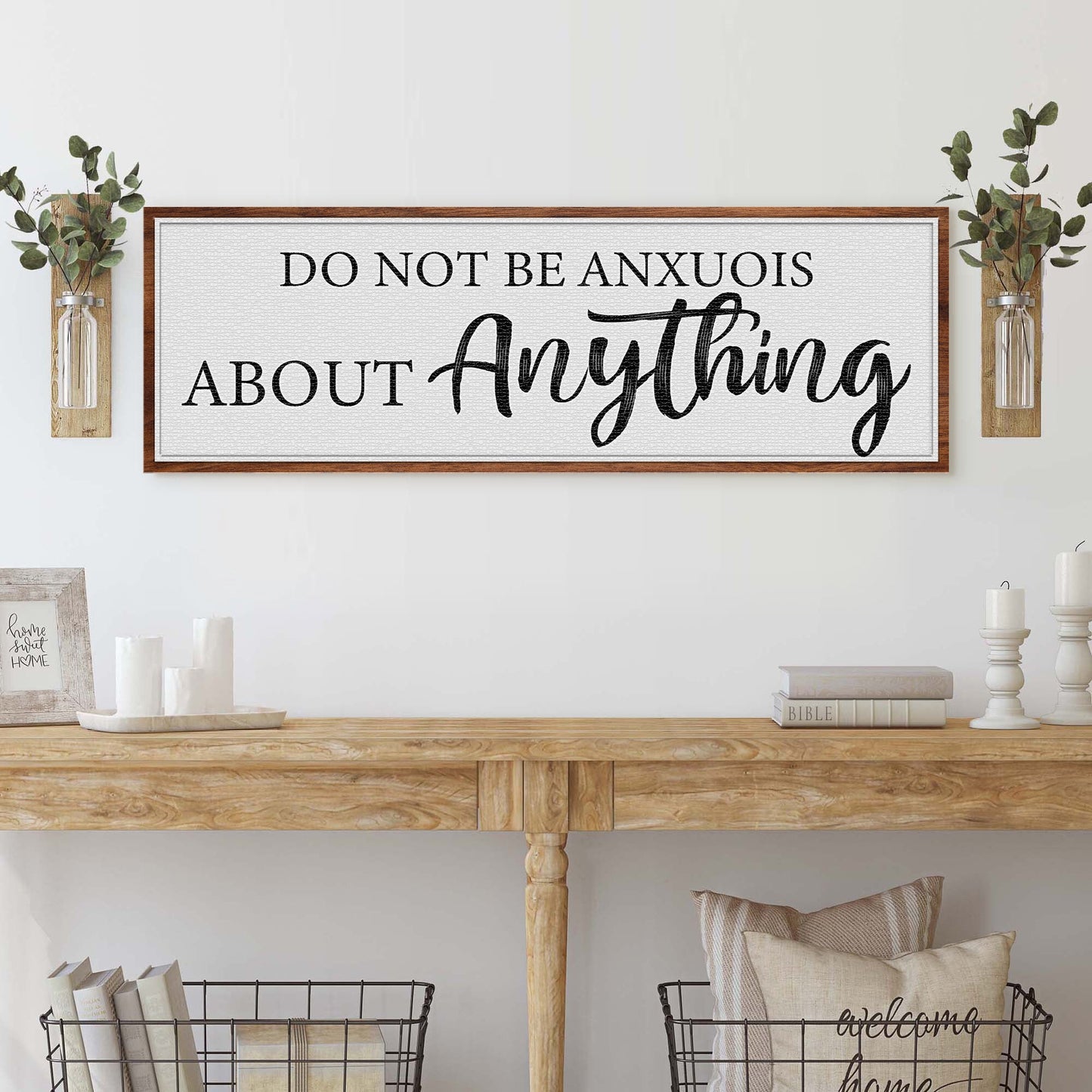 Do Not Be Anxious About Anything Faith Sign III canvas with wooden frame and black script on Tampa Home & Garden Store