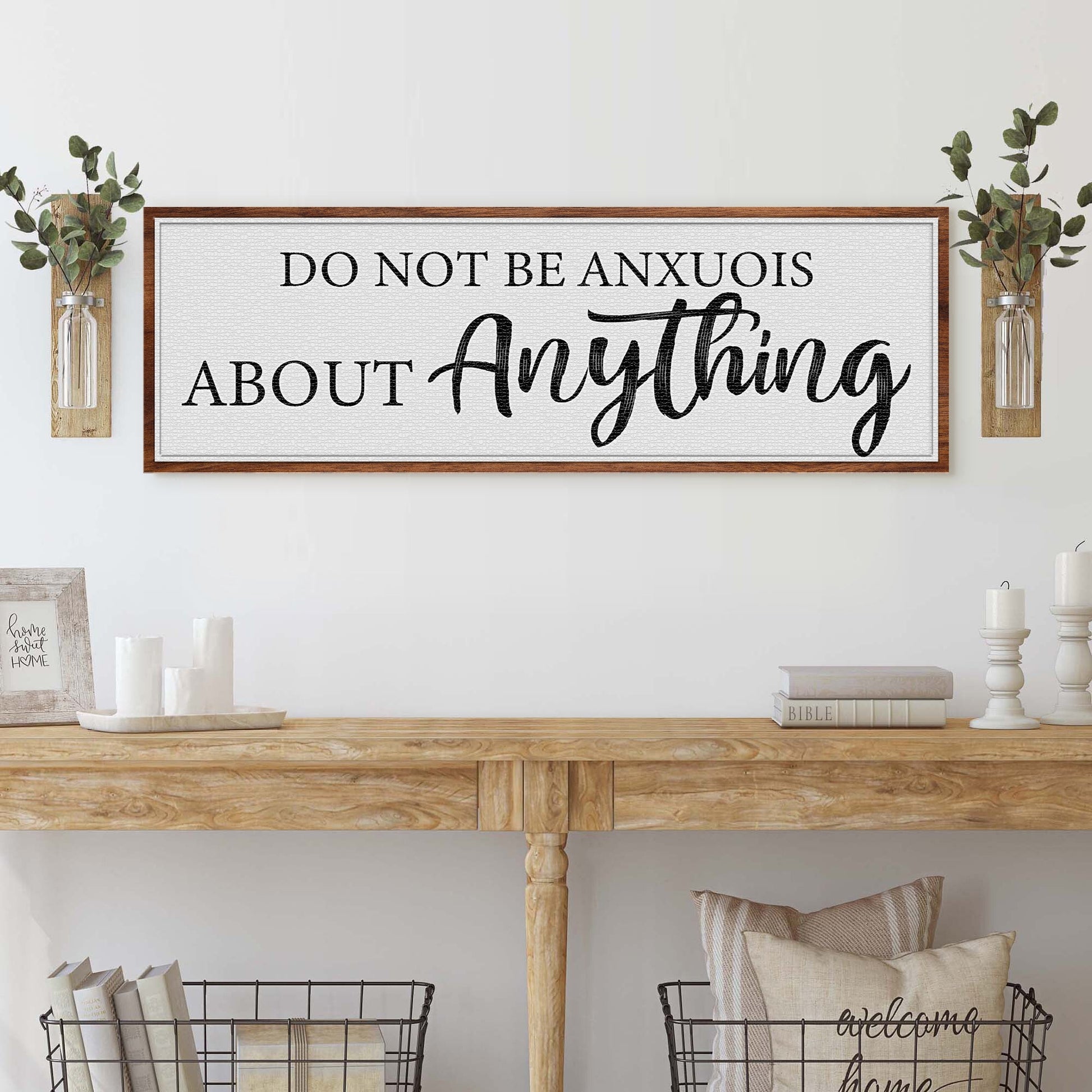 Do Not Be Anxious About Anything Faith Sign III canvas with wooden frame and black script on Tampa Home & Garden Store