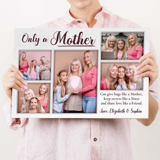 Canvas photo collage sign Only a Mother with multiple photo panels in a light frame on Tampa Home & Garden Store