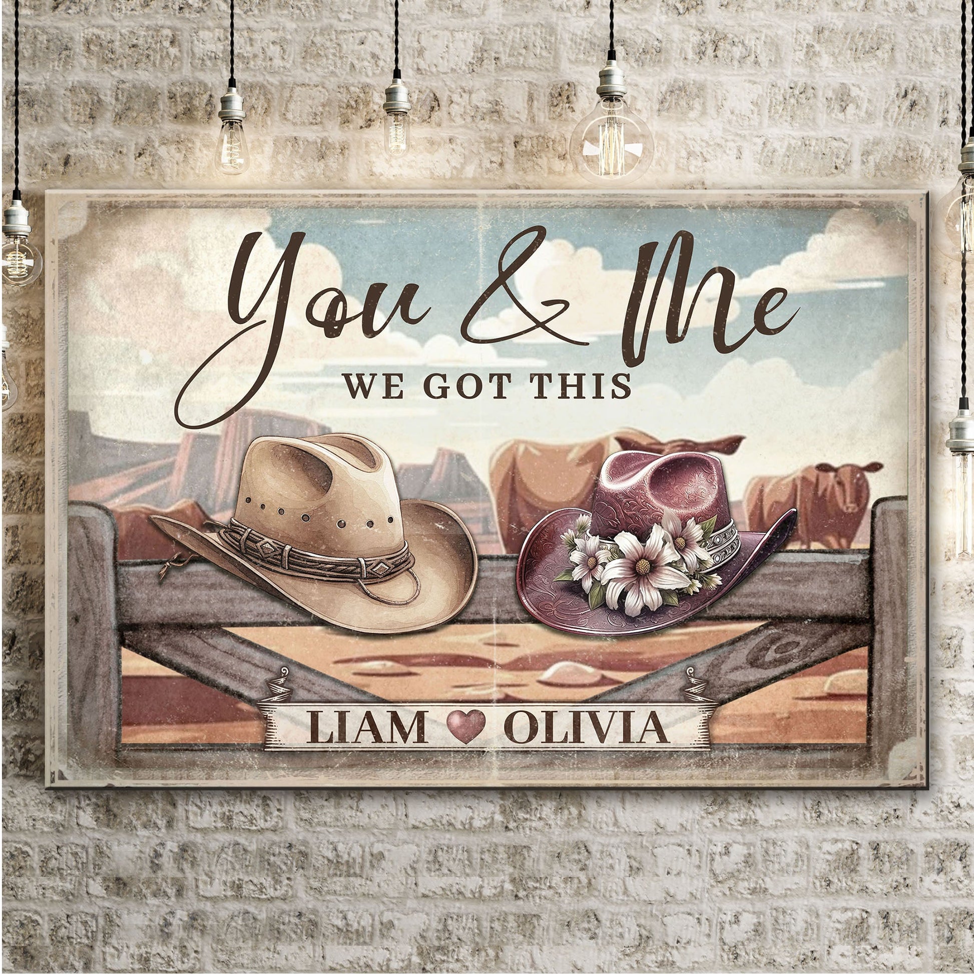 Cowboy themed couple sign canvas with You & Me and Liam ♥ Olivia, hats and bouquet accents on Tampa Home & Garden Store