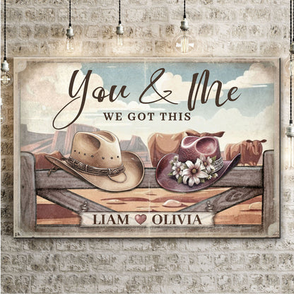 Cowboy themed couple sign canvas with You & Me and Liam ♥ Olivia, hats and bouquet accents on Tampa Home & Garden Store