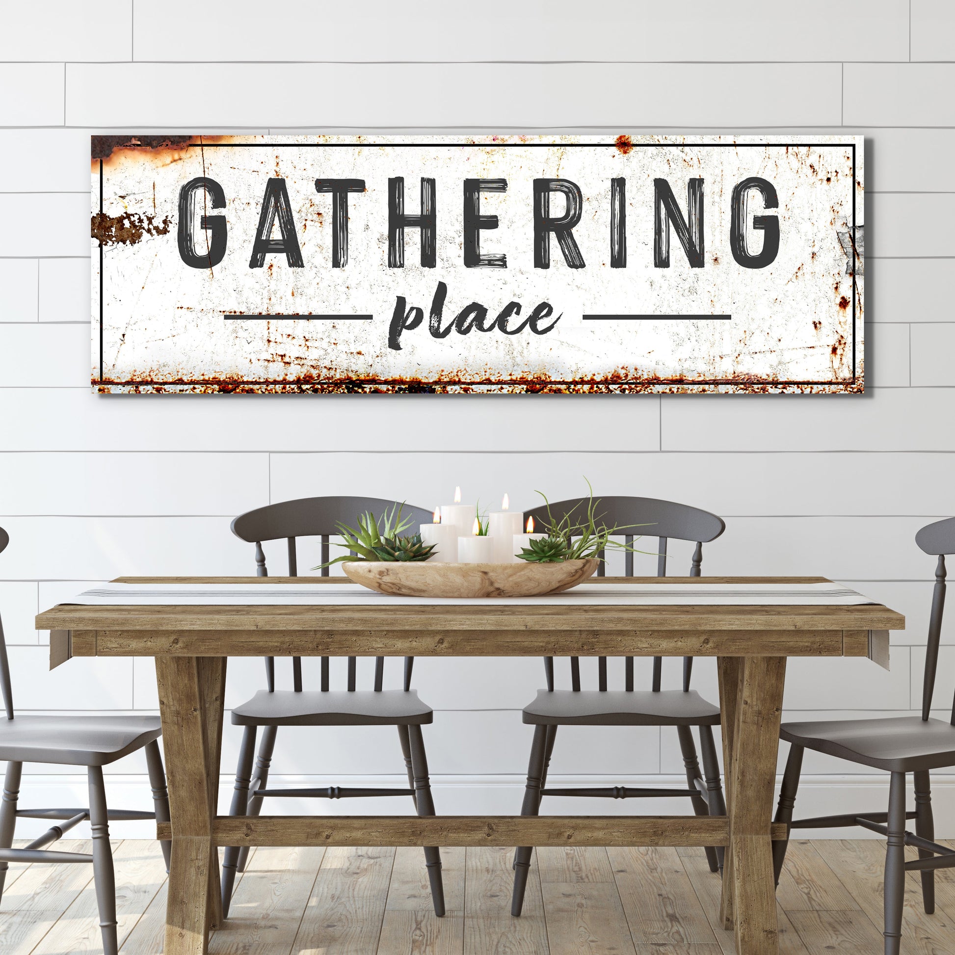 Canvas sign Gathering place by Tailored Canvases with distressed background and black lettering on Tampa Home & Garden Store