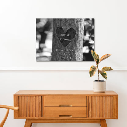 Canvas Tree Trunk Names Sign with carved heart MICHAEL and VICTORIA on Tampa Home & Garden Store