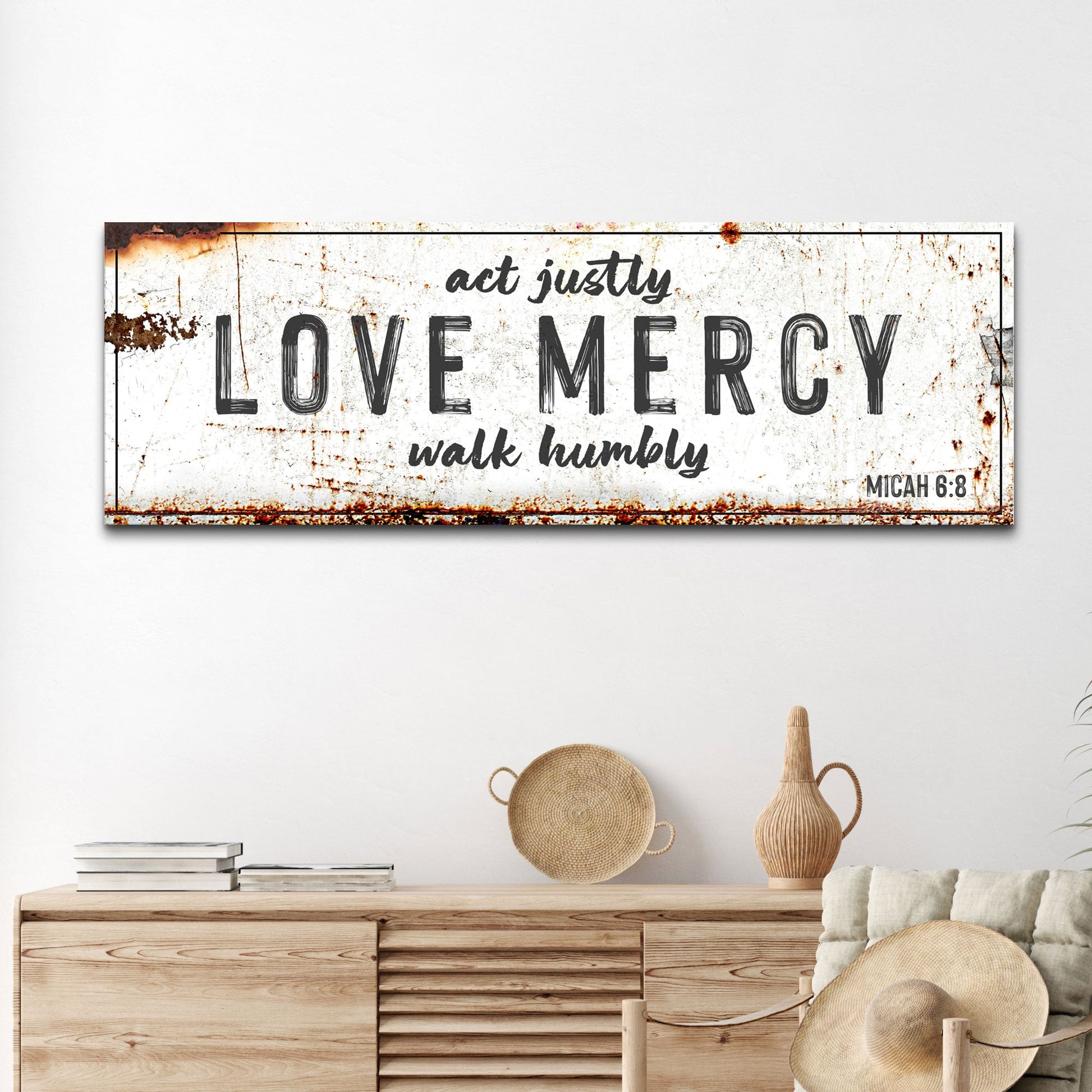 Act Justly Love Mercy Walk Humbly Faith Sign canvas by Tailored Canvases, distressed white on Tampa Home & Garden Store