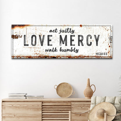 Act Justly Love Mercy Walk Humbly Faith Sign canvas by Tailored Canvases, distressed white on Tampa Home & Garden Store