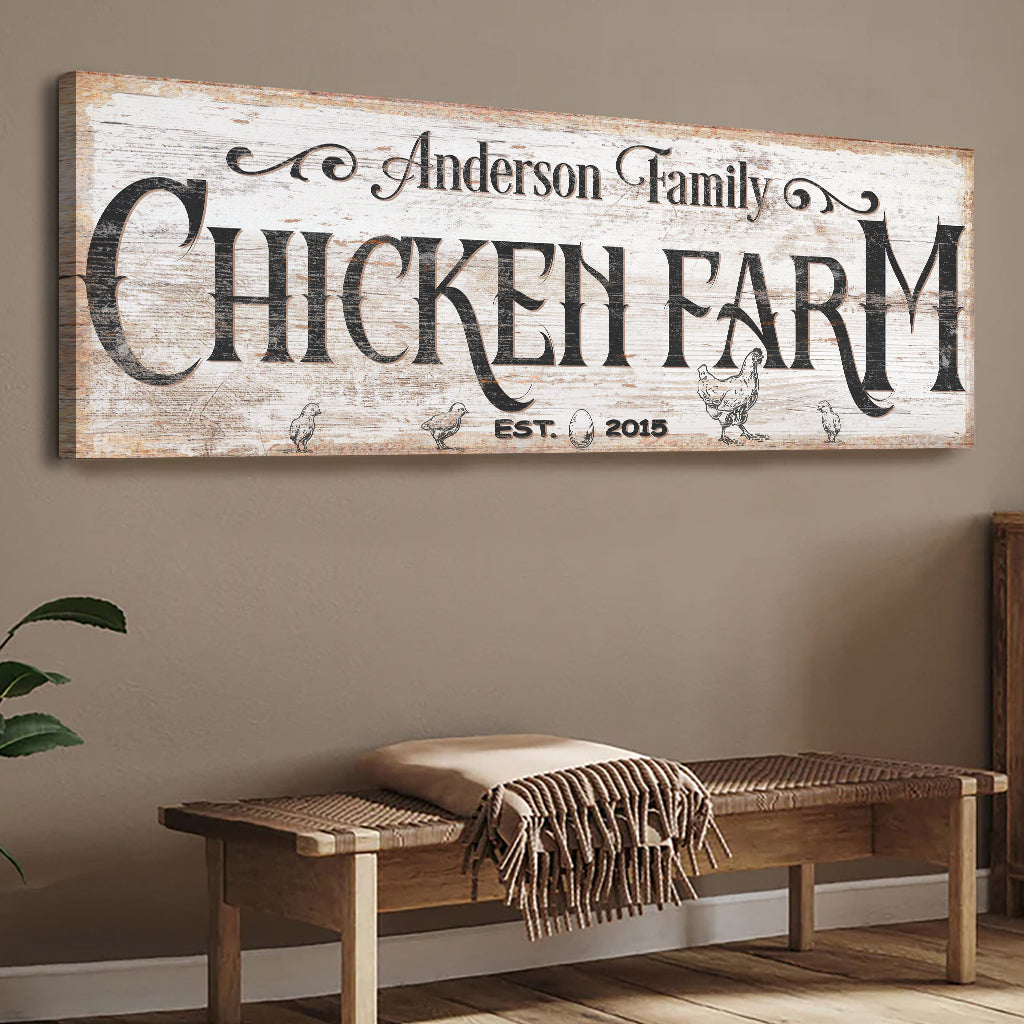 Chicken Farm Farmhouse Sign III canvas with white wood and bold black lettering on Tampa Home & Garden Store