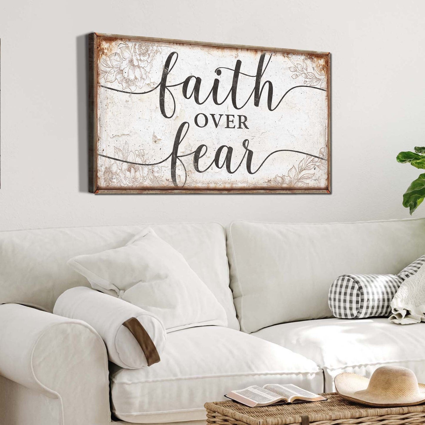 Faith Over Fear canvas sign with distressed white finish and floral border by Tailored Canvases on Tampa Home & Garden Store