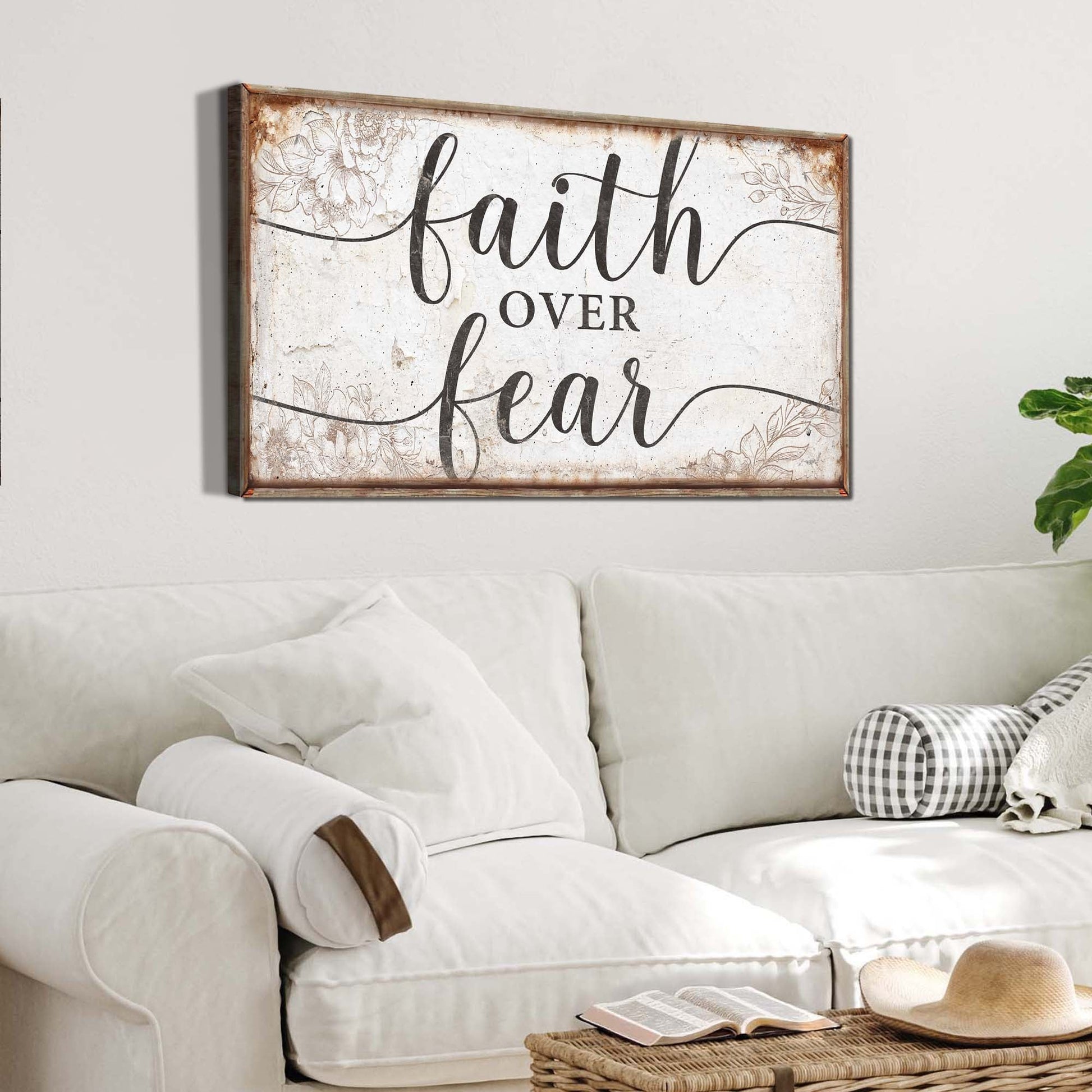 Faith Over Fear canvas sign with distressed white finish and floral border by Tailored Canvases on Tampa Home & Garden Store