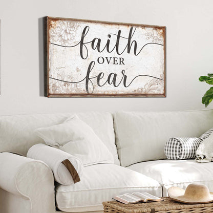 Faith Over Fear canvas sign with distressed white finish and floral border by Tailored Canvases on Tampa Home & Garden Store