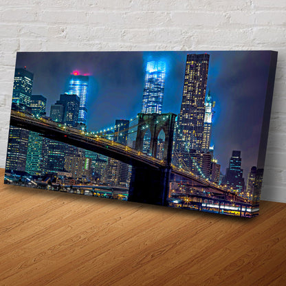 Brooklyn Bridge night view canvas wall art with illuminated NYC skyline in blue tones on Tampa Home & Garden Store