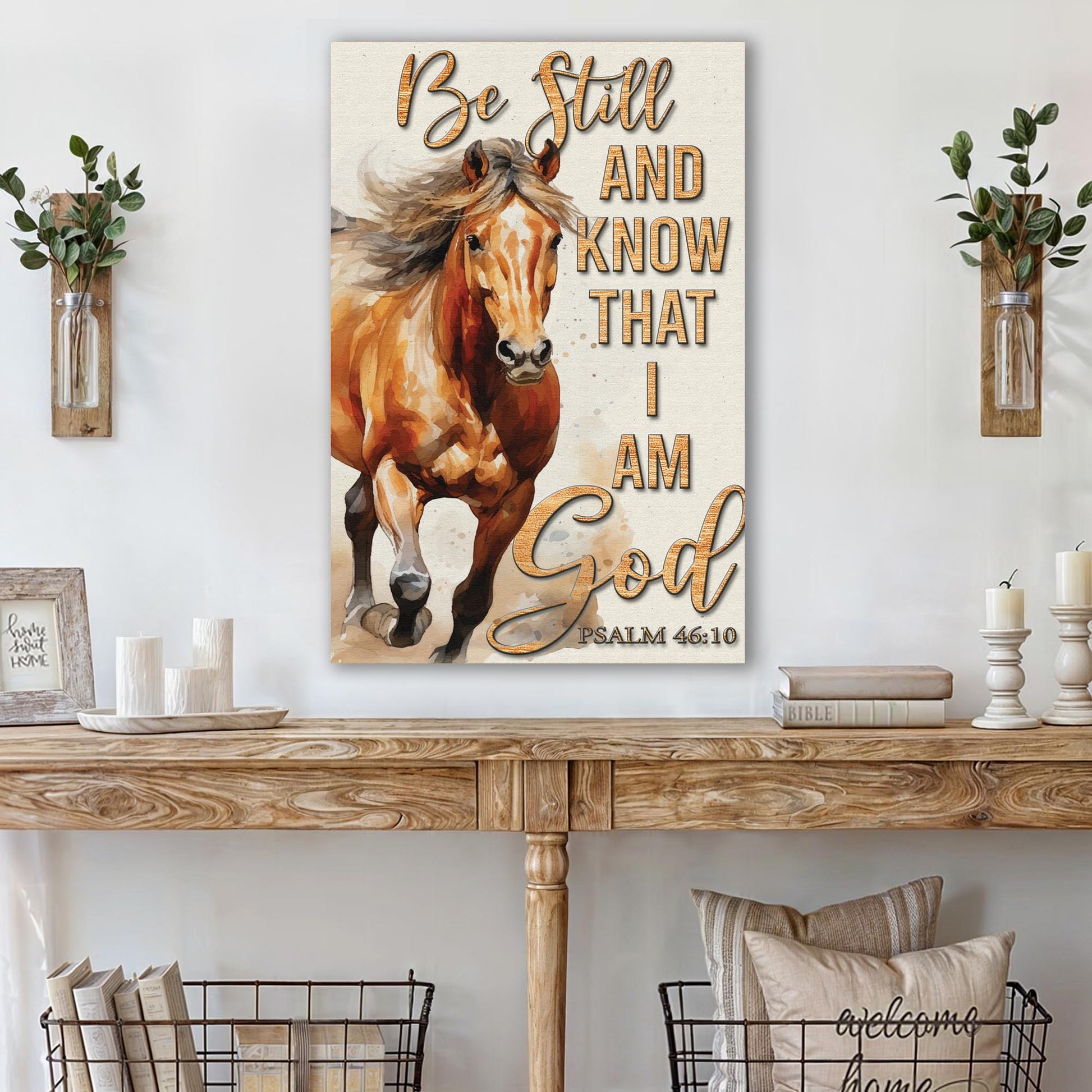 Canvas faith sign Be Still And Know That I Am God with a brown horse on cream psalm 46:10 text on Tampa Home & Garden Store