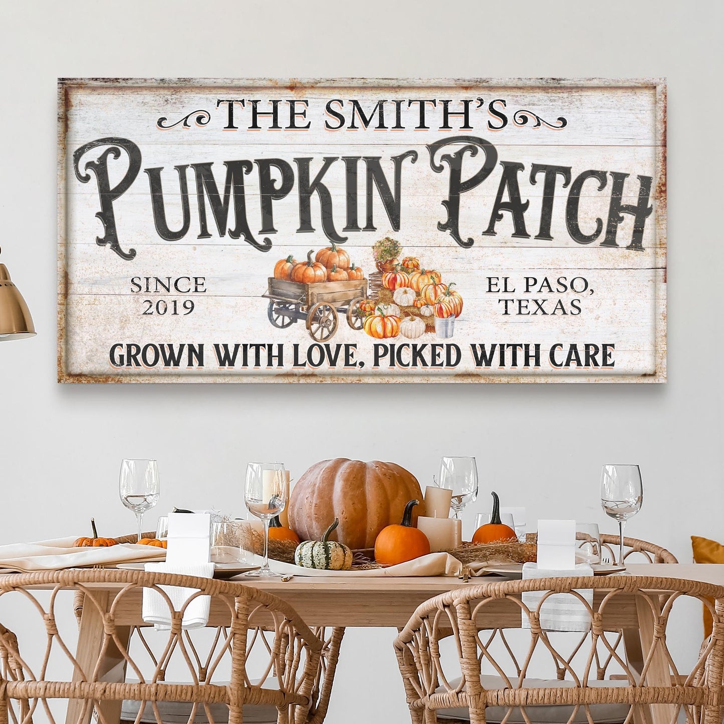 Personalized Pumpkin Patch Sign VII canvas with rustic whitewashed wood and wagon on Tampa Home & Garden Store