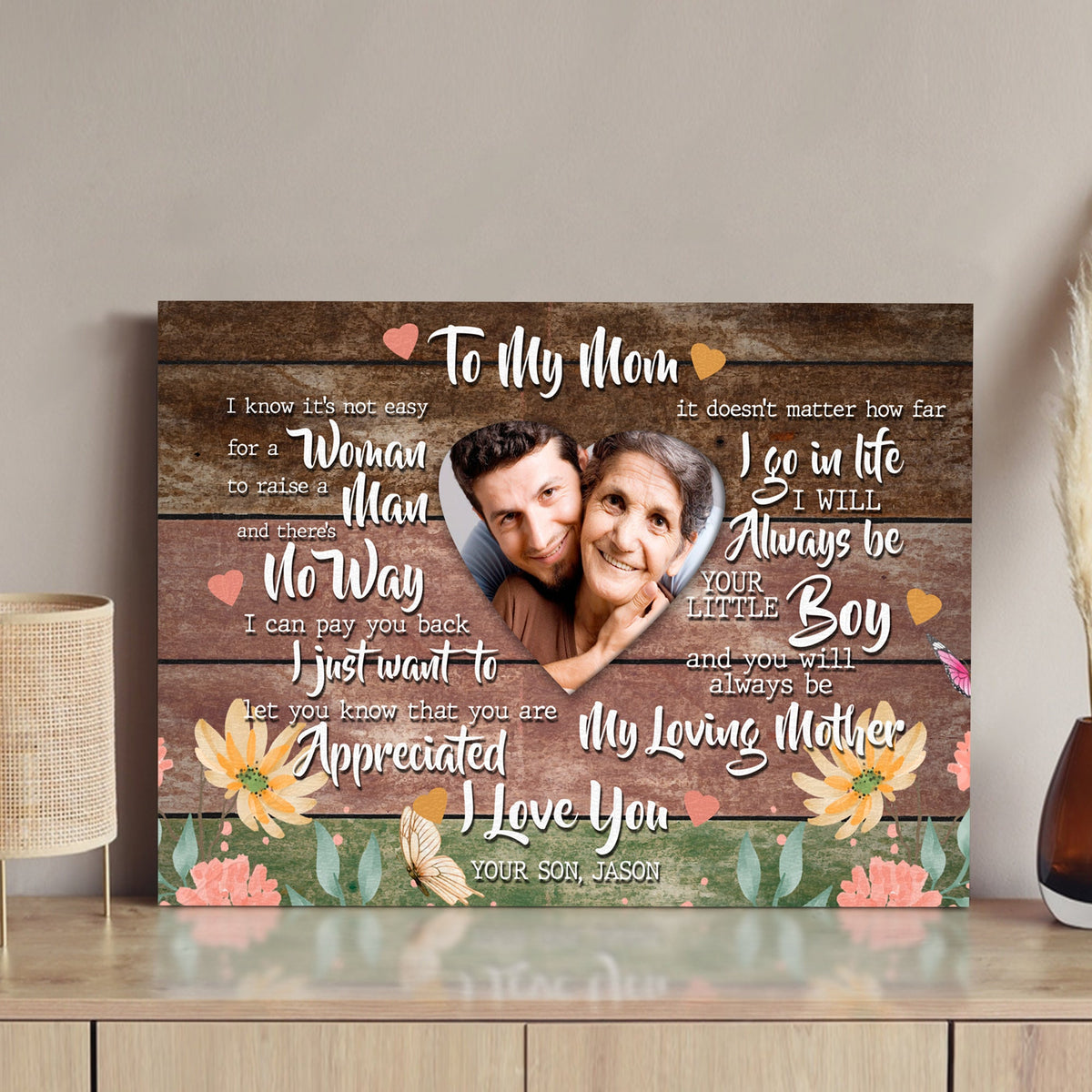 Canvas Mother's Day Sign Always My Loving Mother by Tailored Canvases with rustic wood backdrop on Tampa Home & Garden Store