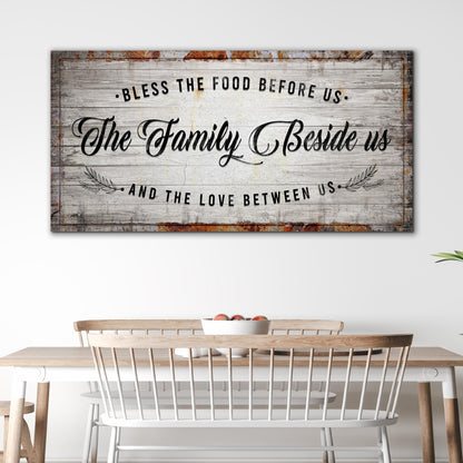 Bless The Food Before Us canvas sign with rustic wood grain and script text Tailored Canvases on Tampa Home & Garden Store