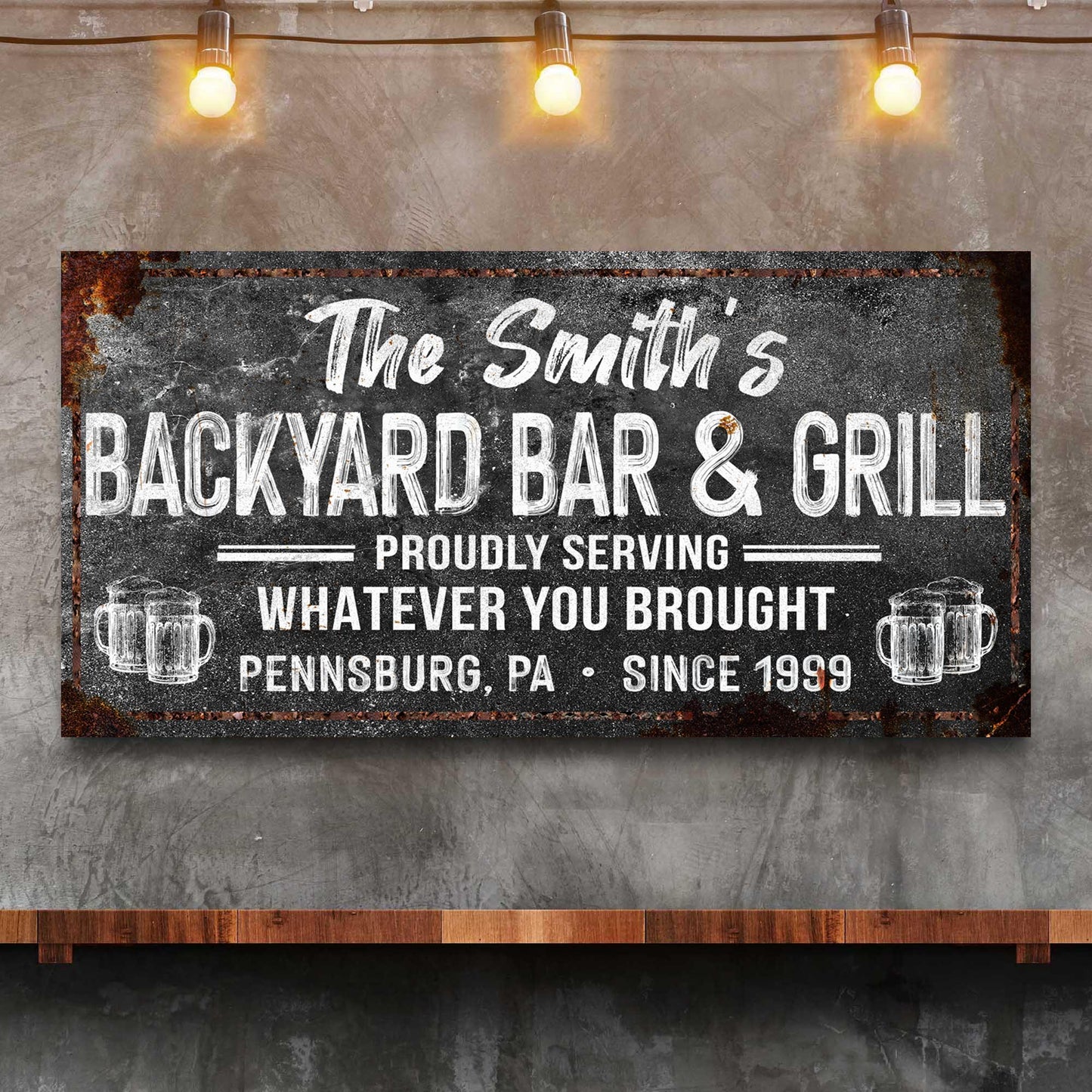 Canvas Backyard Bar & Grill Sign XXIII by Tailored Canvases with black sign and white lettering on Tampa Home & Garden Store