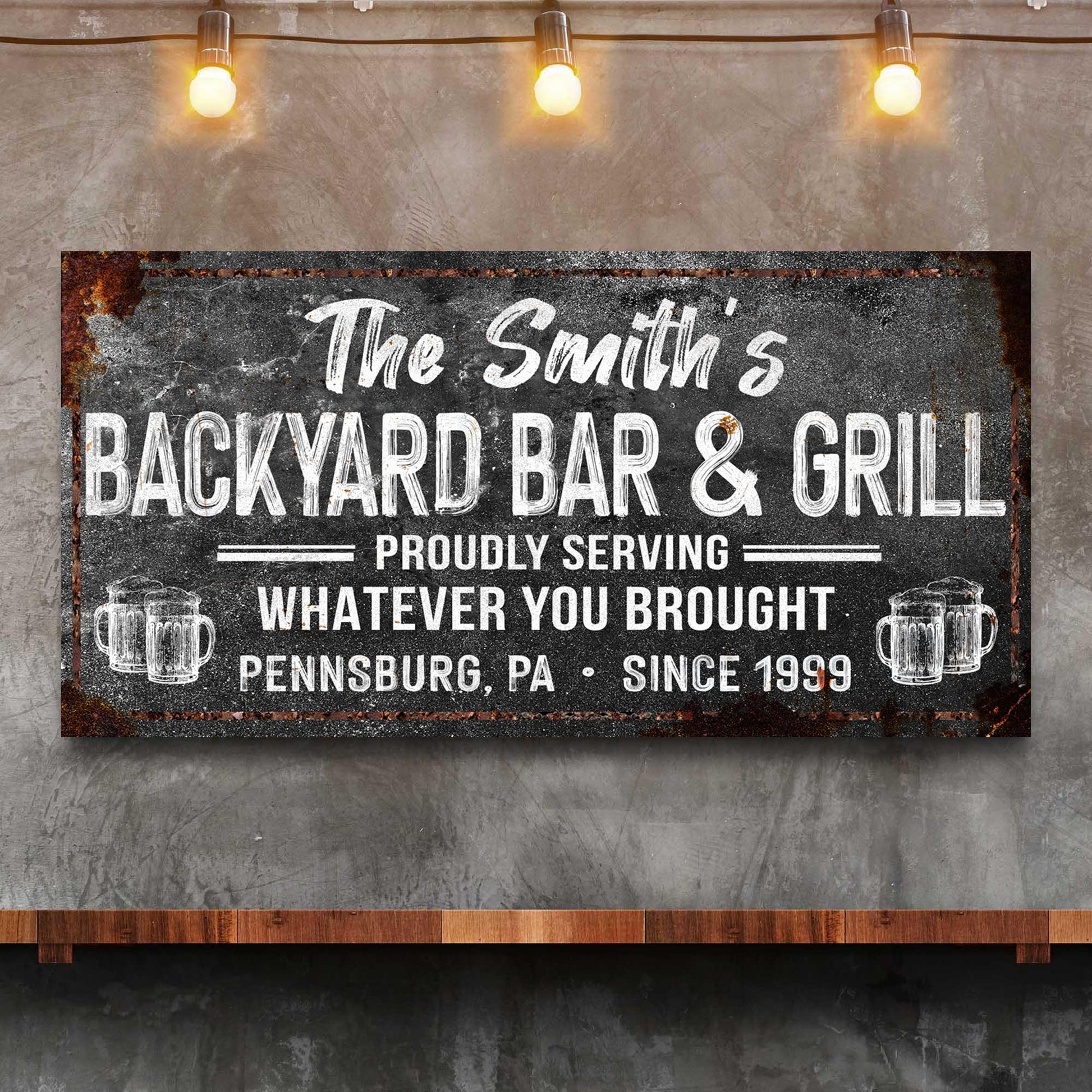Canvas Backyard Bar & Grill Sign XXIII by Tailored Canvases with black sign and white lettering on Tampa Home & Garden Store