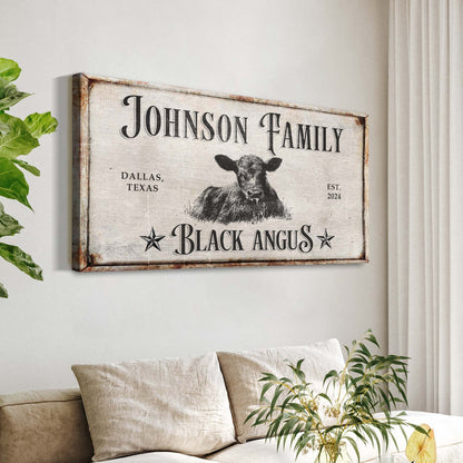 Black Angus Cattle Sign canvas with rustic wood finish and cow illustration on Tampa Home & Garden Store
