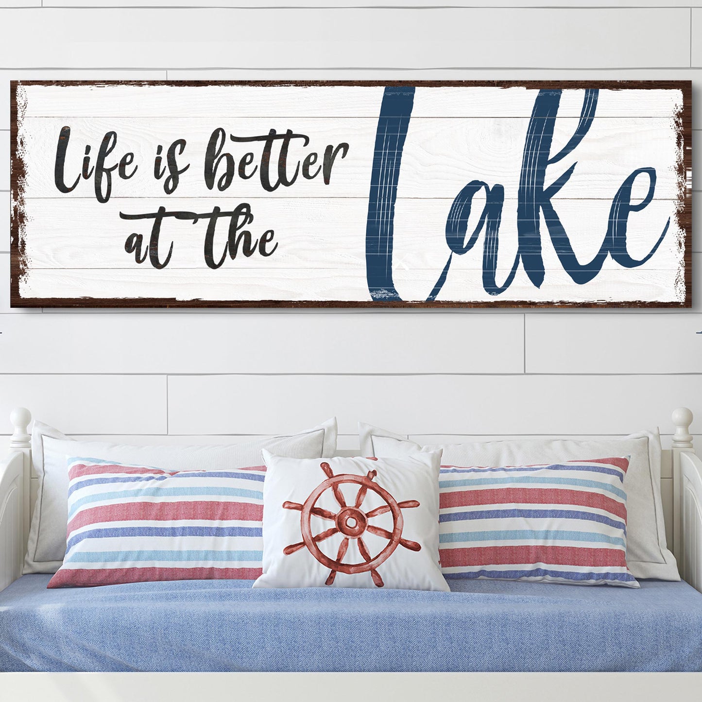 Life Is Better At The Lake canvas by Tailored Canvases with white backdrop Lake script on Tampa Home & Garden Store