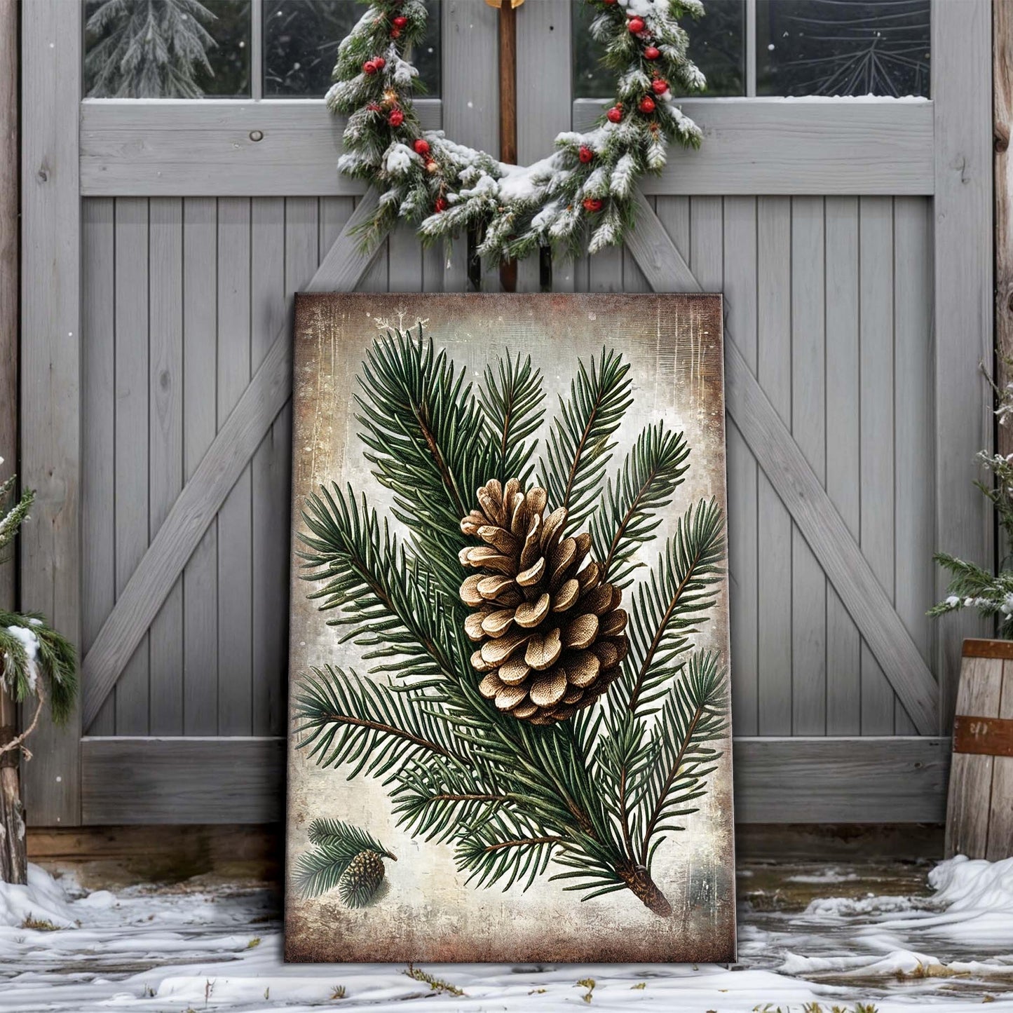 Vintage Winter Pine Cone Christmas Wall Art canvas with pine needles and cone on board on Tampa Home & Garden Store