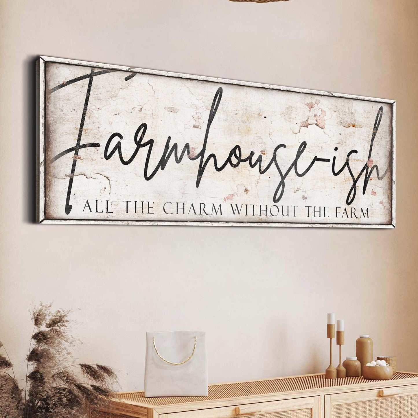 Farmhouse-Ish Sign IV canvas wall art with distressed cream finish and script lettering on Tampa Home & Garden Store