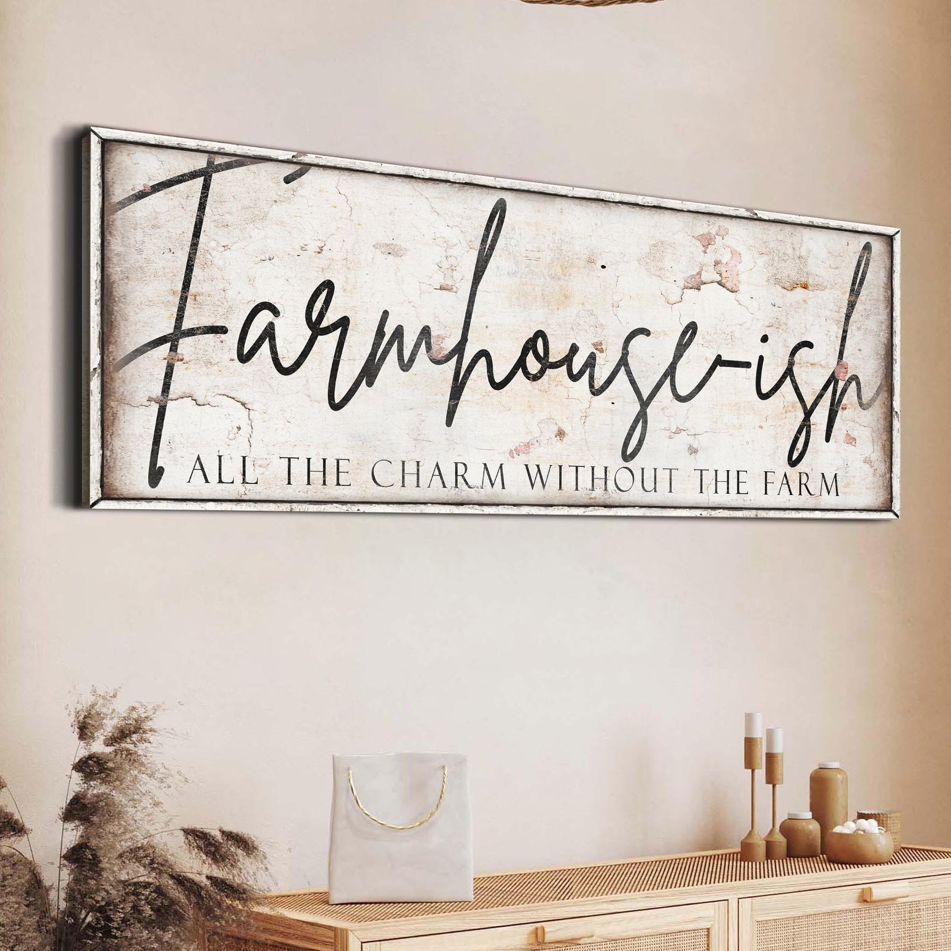Farmhouse-Ish Sign IV canvas wall art with distressed cream finish and script lettering on Tampa Home & Garden Store