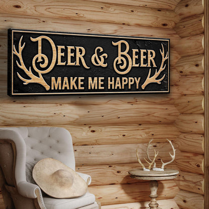 Canvas deer and beer make me happy hunting sign by Tailored Canvases with antlers on Tampa Home & Garden Store