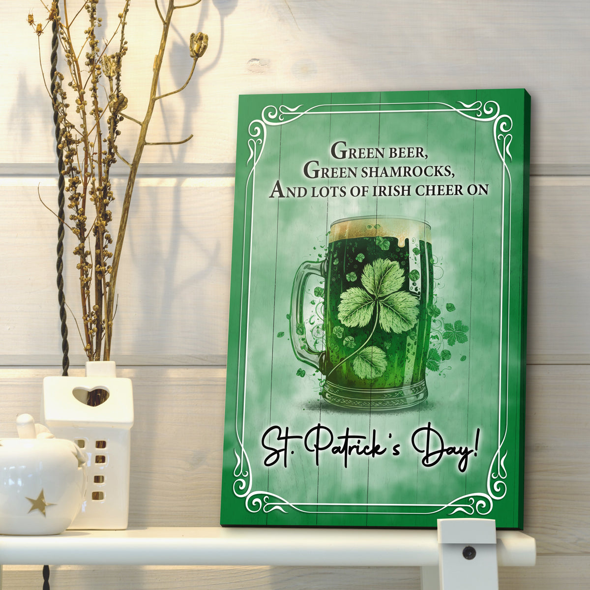 Green St. Patrick's Day canvas sign Tailored Canvases with white border on green background on Tampa Home & Garden Store