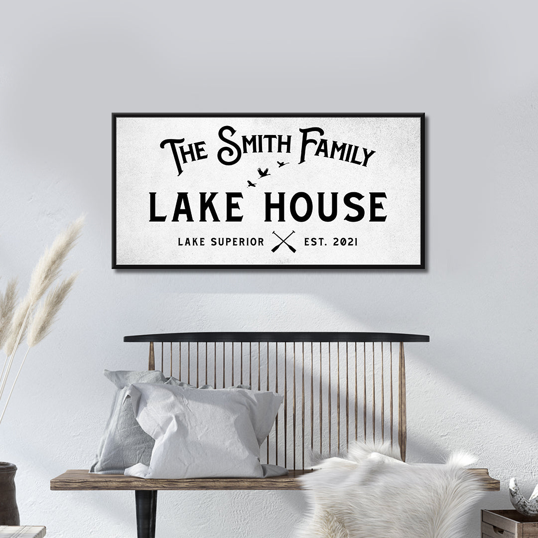 Rustic Family Lake House Sign canvas wall art with black typography on white background on Tampa Home & Garden Store