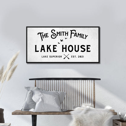 Rustic Family Lake House Sign canvas wall art with black typography on white background on Tampa Home & Garden Store
