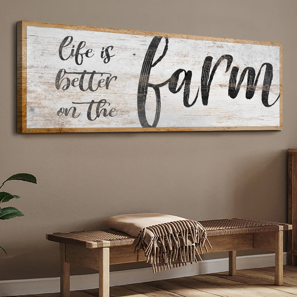 Canvas sign Life Is Better On The Farm Sign VII, rustic white plank with bold black script farm on Tampa Home & Garden Store
