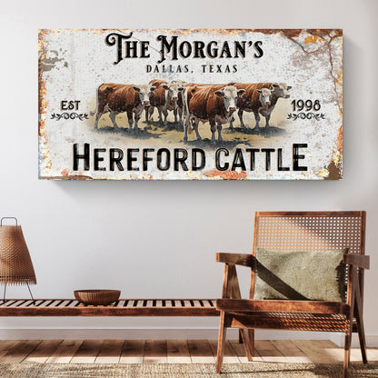 Personalized Hereford Cattle Sign II canvas with rustic finish and herd of brown cows on Tampa Home & Garden Store