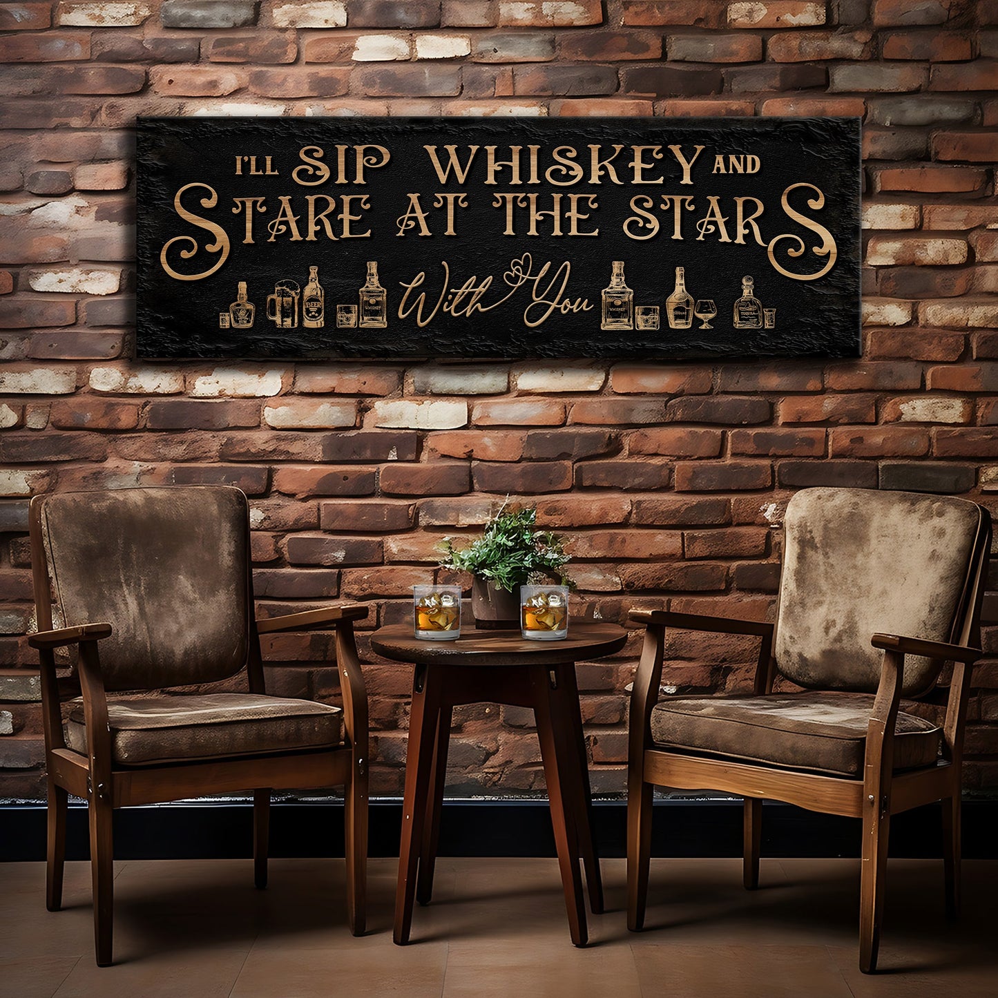 Canvas sign Tailored Canvases copper text I'll Sip Whiskey And Stare At The Stars on black on Tampa Home & Garden Store