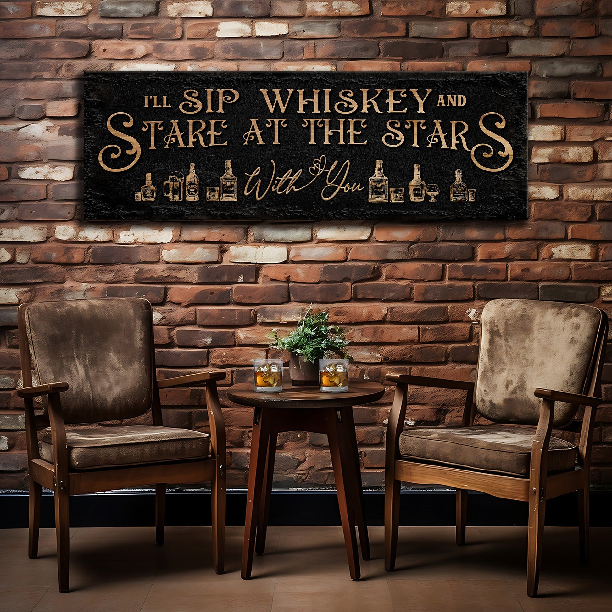 Canvas sign Tailored Canvases copper text I'll Sip Whiskey And Stare At The Stars on black on Tampa Home & Garden Store