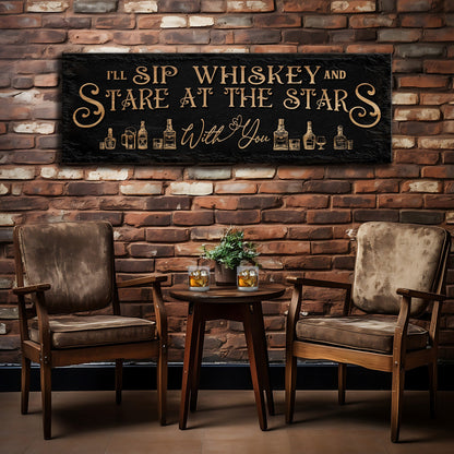 Canvas sign Tailored Canvases copper text I'll Sip Whiskey And Stare At The Stars on black on Tampa Home & Garden Store
