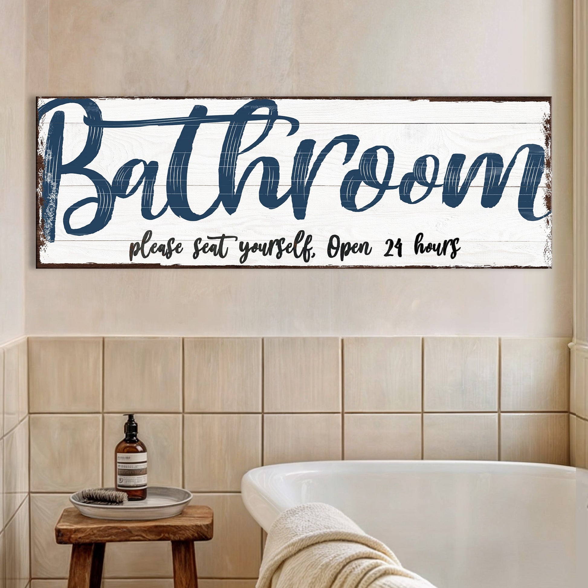 Please Seat Yourself Bathroom Sign II canvas wall art with blue script on white planks on Tampa Home & Garden Store