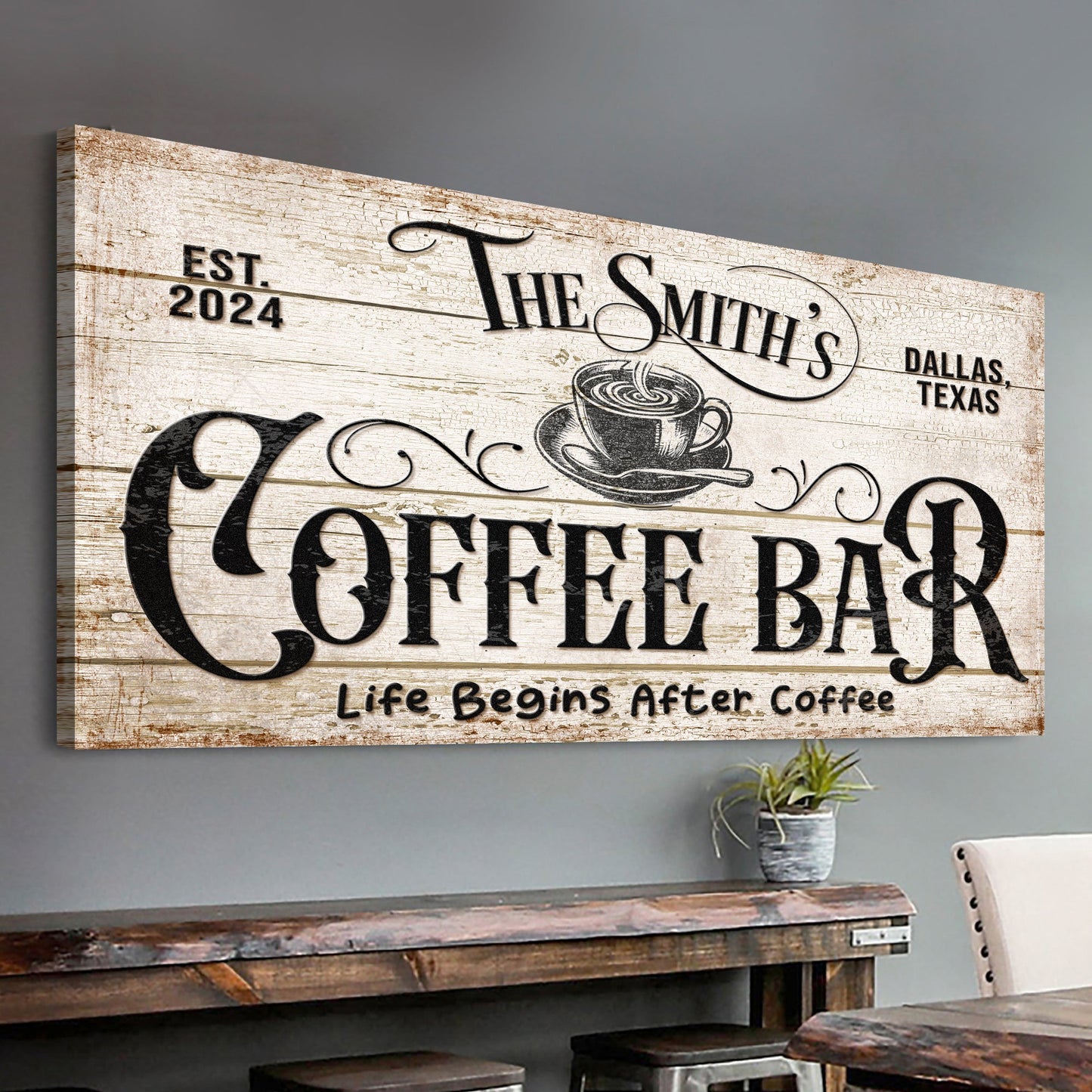 Personalized Coffee Bar Sign IV canvas with distressed wood and cup motif on Tampa Home & Garden Store