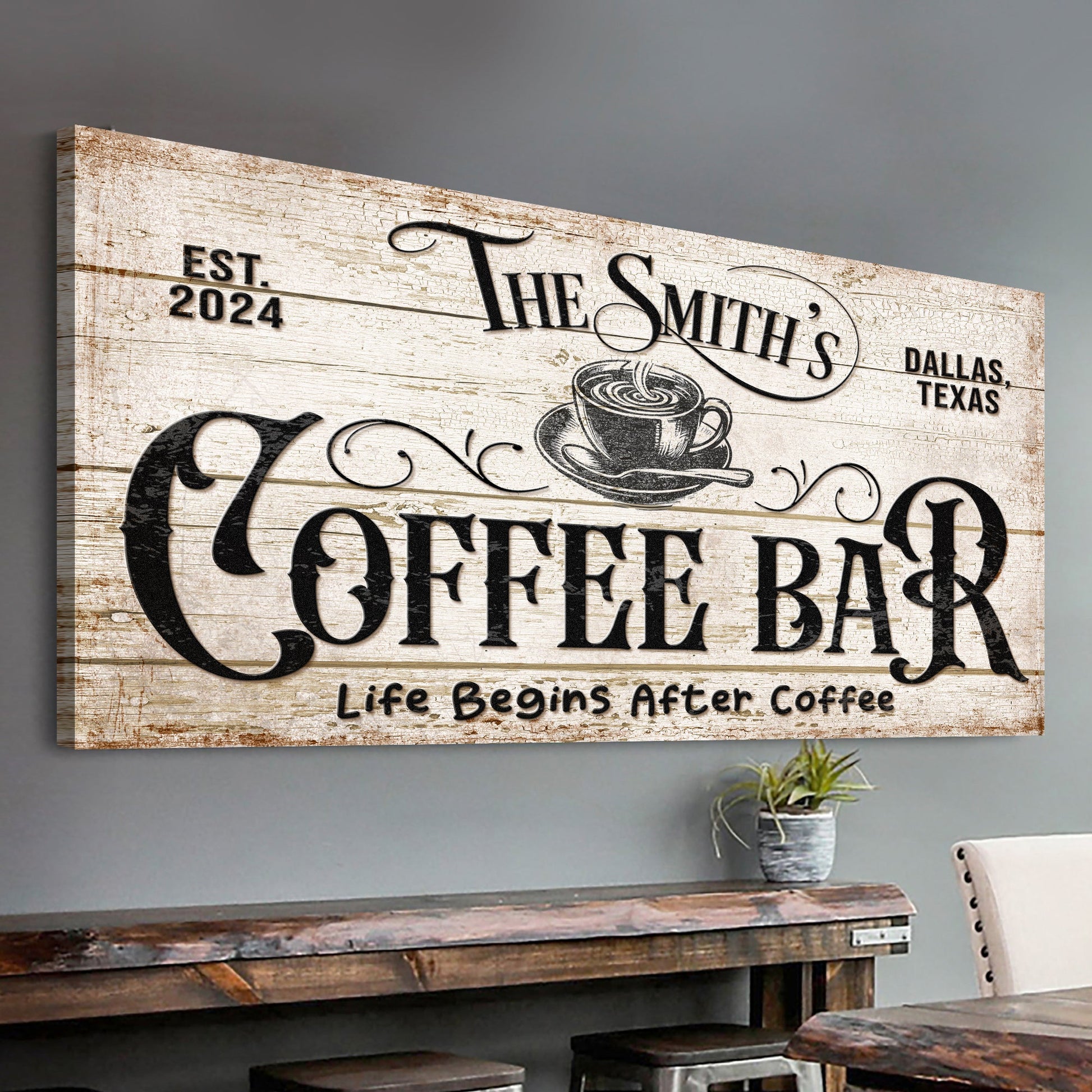Personalized Coffee Bar Sign IV canvas with distressed wood and cup motif on Tampa Home & Garden Store