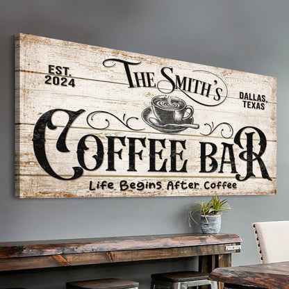 Personalized Coffee Bar Sign IV canvas with distressed wood and cup motif on Tampa Home & Garden Store
