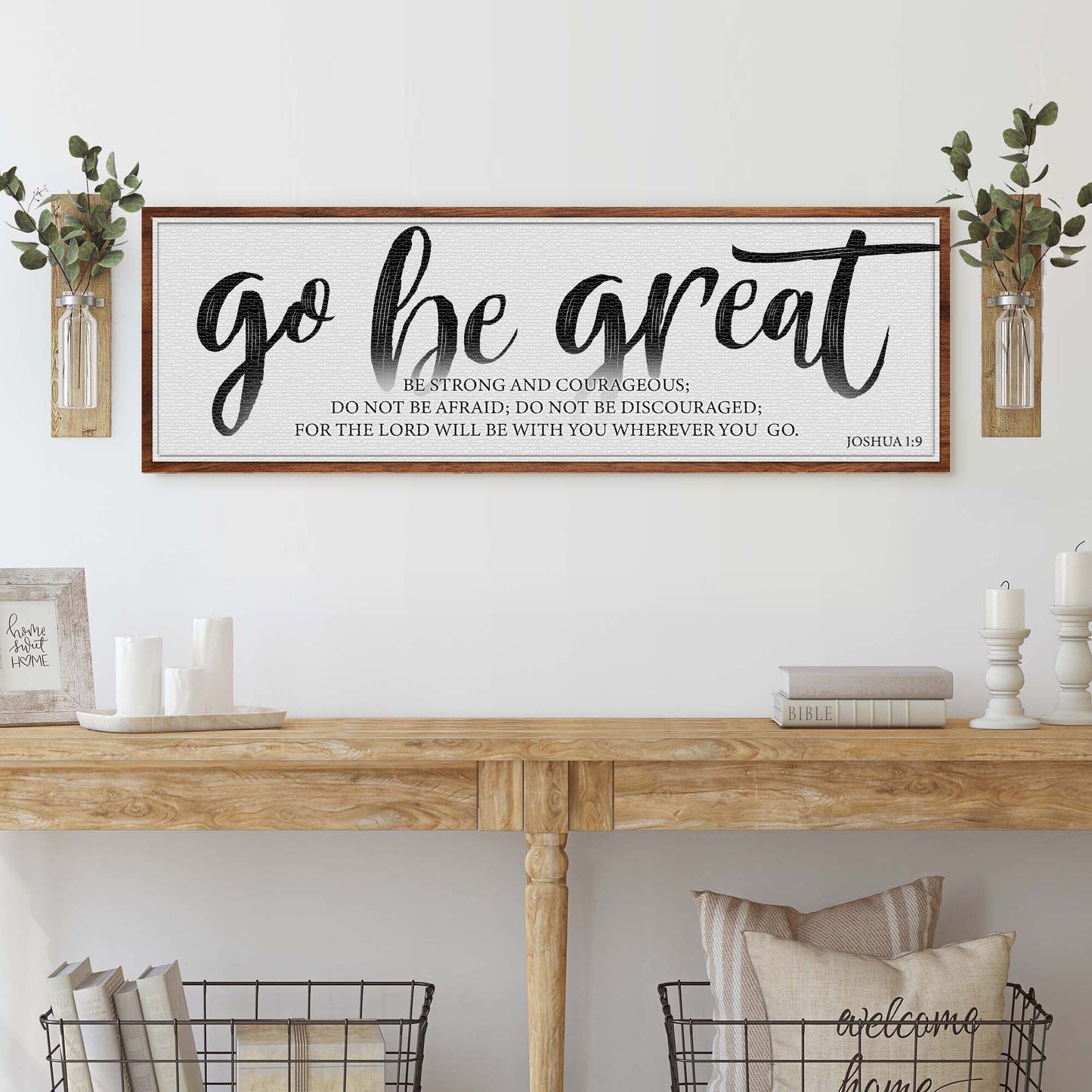 Canvas Go Be Great Joshua 1:9 faith sign with black script, framed wood by Tailored Canvases on Tampa Home & Garden Store
