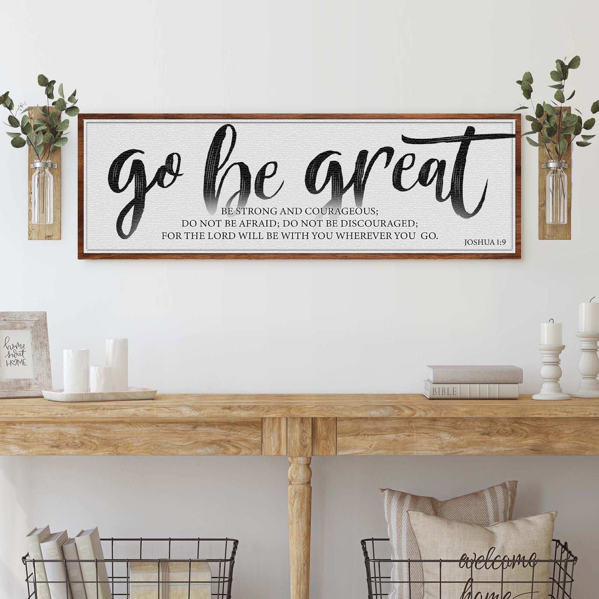 Canvas Go Be Great Joshua 1:9 faith sign with black script, framed wood by Tailored Canvases on Tampa Home & Garden Store