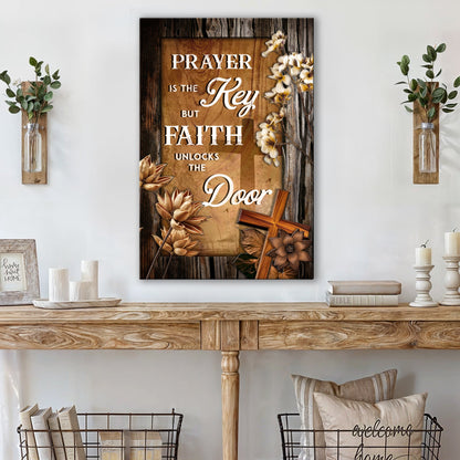 Canvas sign Prayer Is The Key But Faith Unlocks The Door with rustic wood and white flowers on Tampa Home & Garden Store