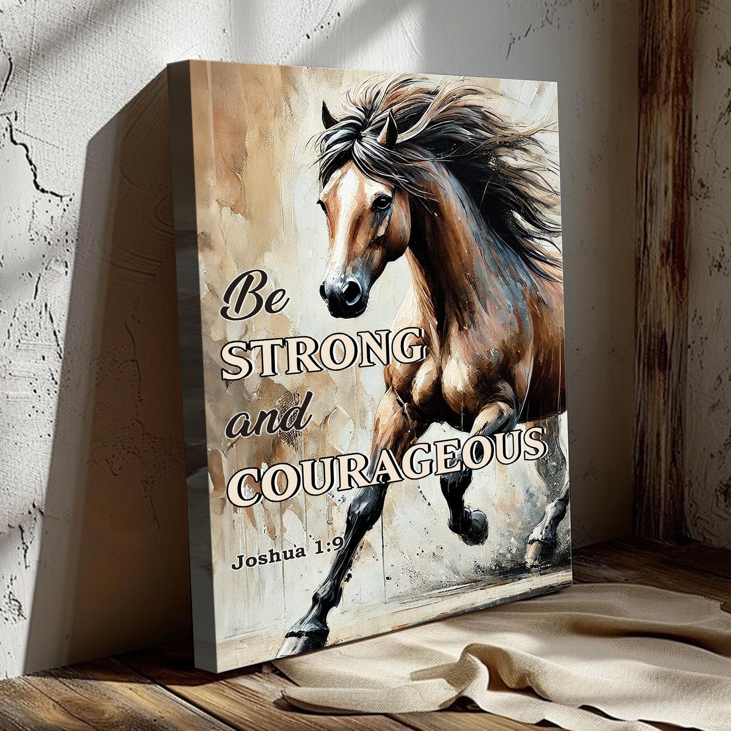 Be Strong And Courageous Faith Sign V canvas by Tailored Canvases with horse artwork on Tampa Home & Garden Store