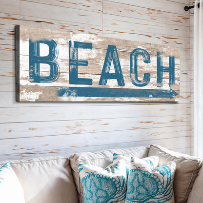 Beach House Sign V canvas art with rustic wood backdrop and blue distressed lettering on Tampa Home & Garden Store