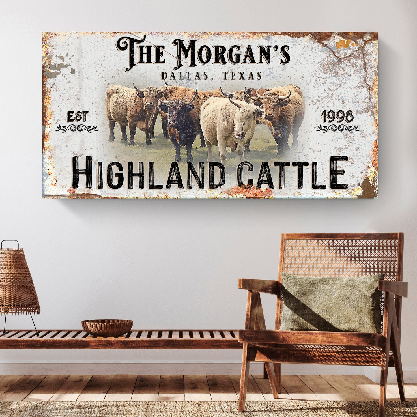 Personalized Highland Cattle Sign III canvas by Tailored Canvases: six Highland cattle on Tampa Home & Garden Store