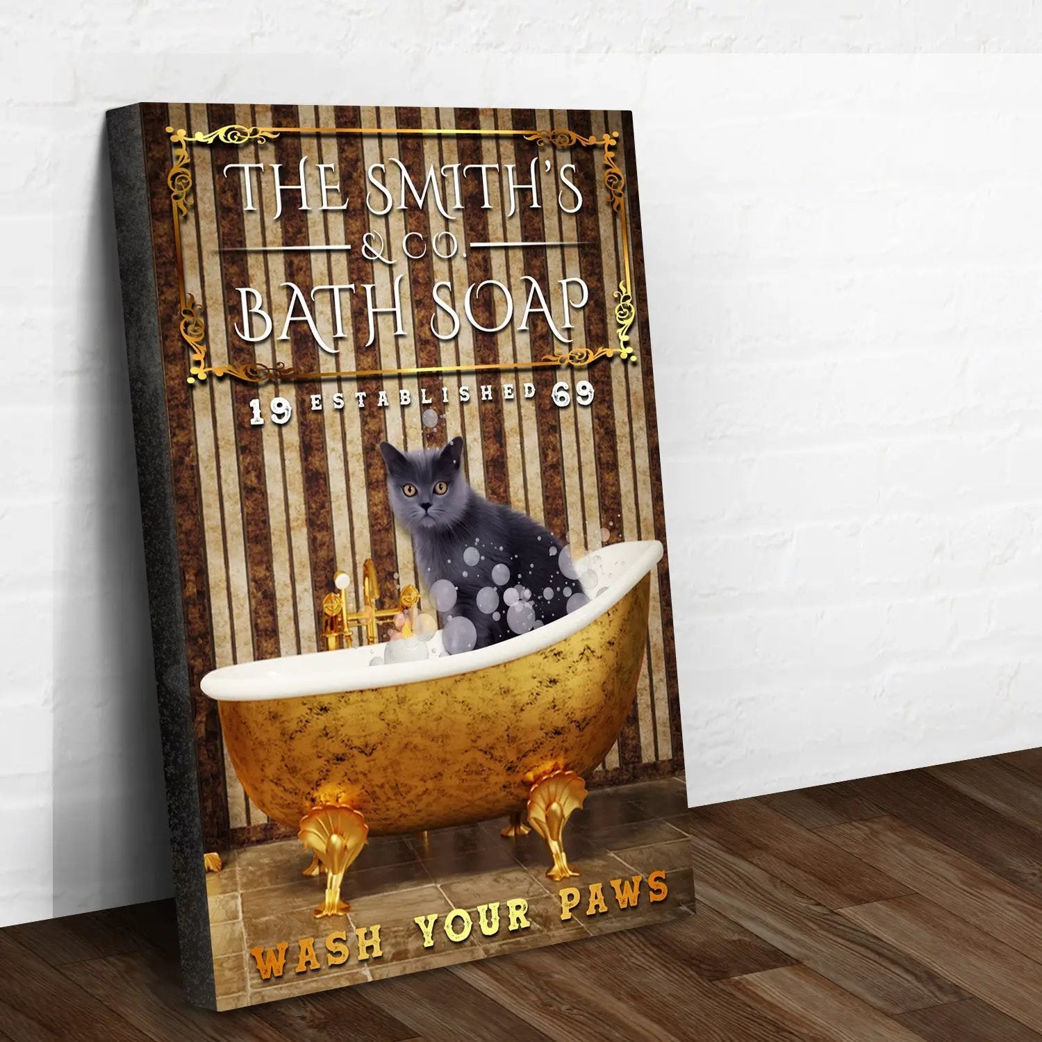 Wash Your Paws Sign canvas by Tailored Canvases with a cat in gilded clawfoot tub and stripes, on Tampa Home & Garden Store