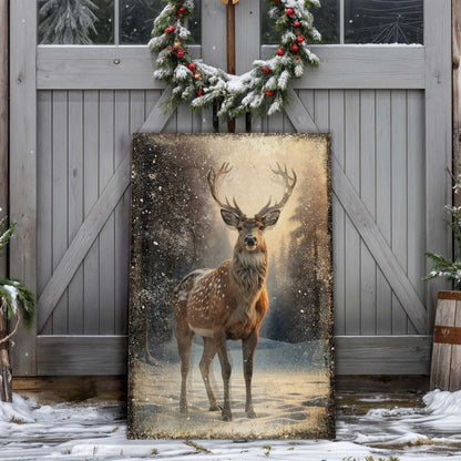 Vintage Winter Deer Christmas Wall Art IV canvas by Tailored Canvases, deer on snowy porch on Tampa Home & Garden Store