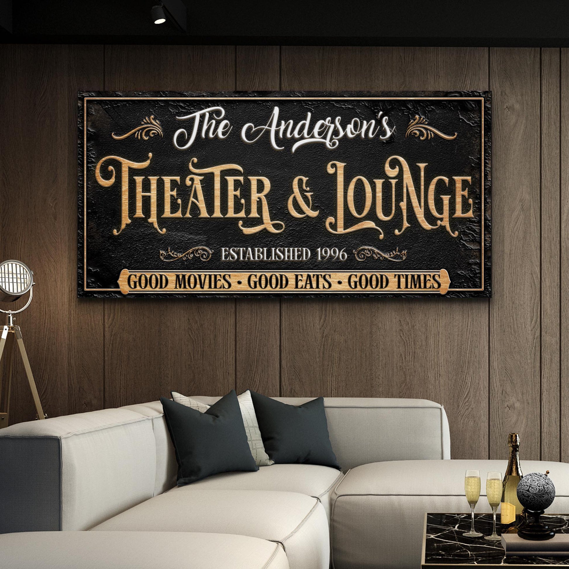 Family Theater And Lounge Sign VI canvas with black background and gold lettering on Tampa Home & Garden Store