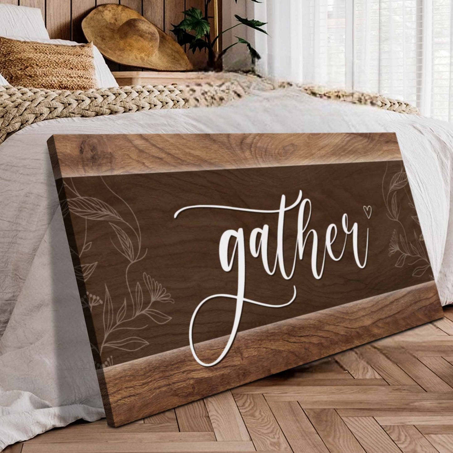 Gather Sign IX canvas wall art with dark wood and cursive lettering Tailored Canvases on Tampa Home & Garden Store